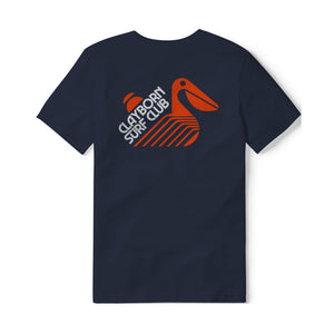 Surf Club Pelican T-Shirt back — large pelican graphic by Ethan Fender, midnight blue heavyweight cotton | Clayborn & Co.